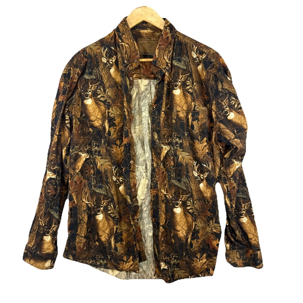 North River Outfitters Deer Camo‎ Button Shirt Long Sleeve Sz L Hunting Outdoors